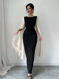 SHEIN Elenzya Women's Round Neck Long Sleeve Slit Color Blocking Fitted Dress