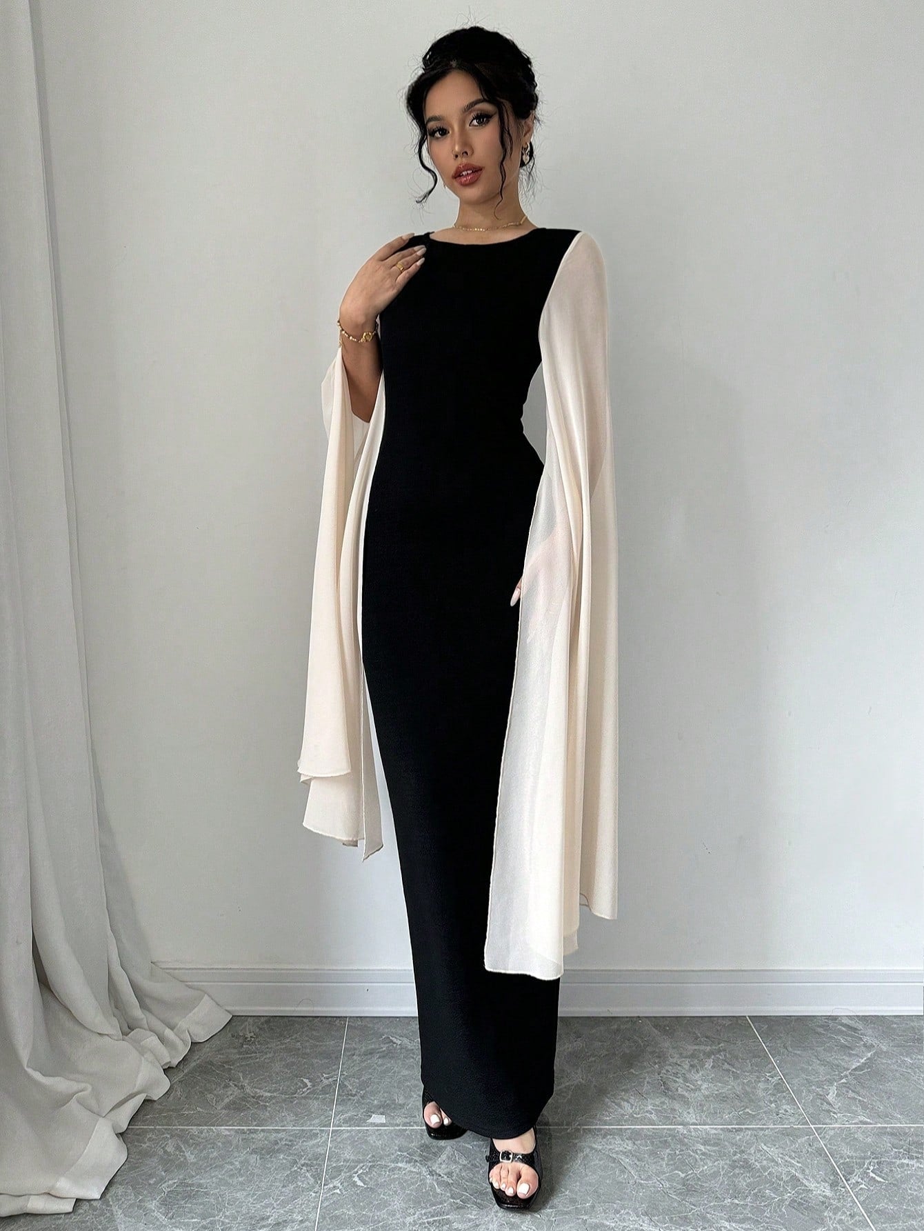 SHEIN Elenzya Women's Round Neck Long Sleeve Slit Color Blocking Fitted Dress