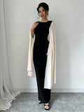 SHEIN Elenzya Women's Round Neck Long Sleeve Slit Color Blocking Fitted Dress