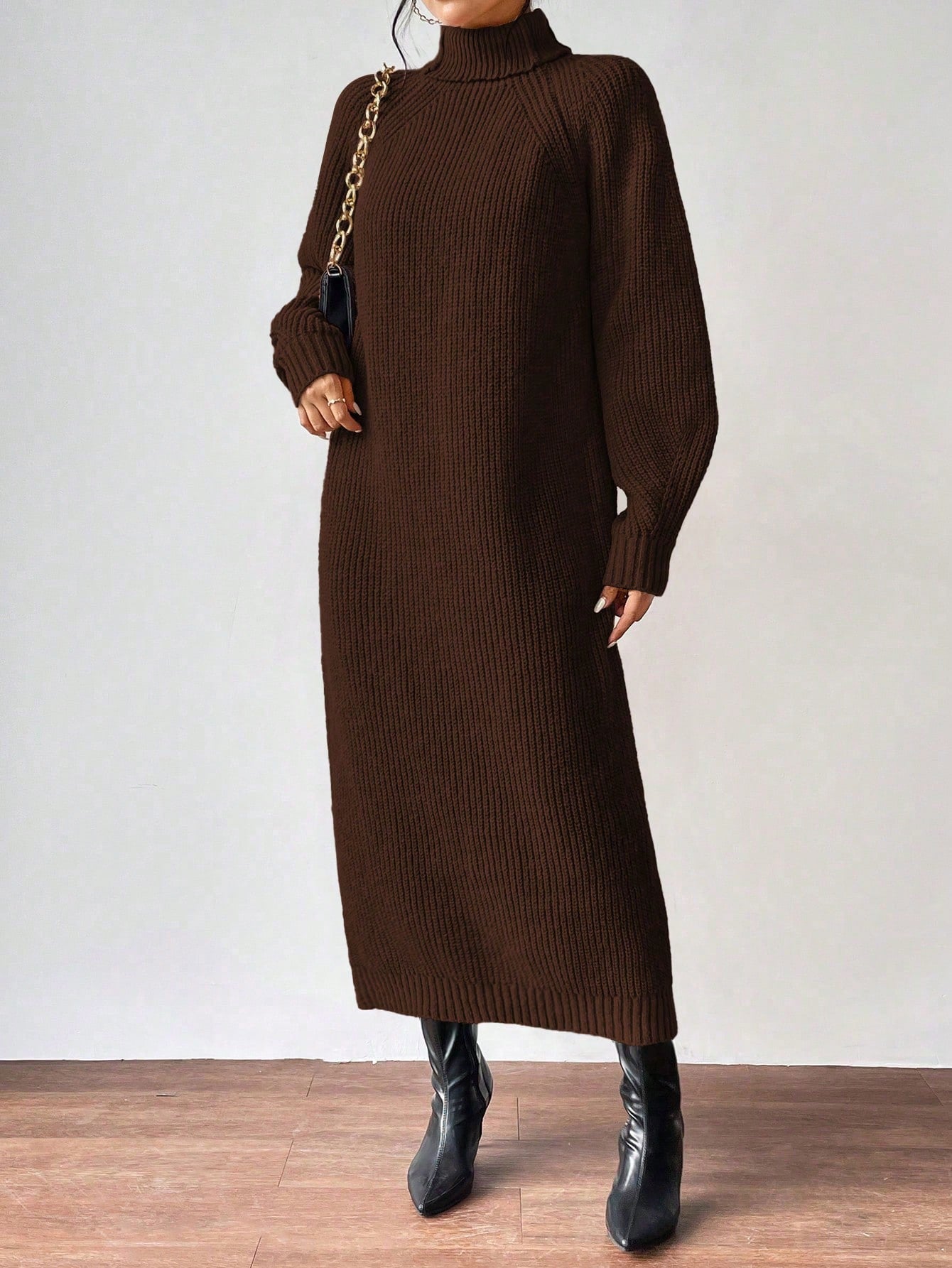 SHEIN Essnce Casual Daily Solid High Neck Loose Raglan Sleeve Sweater Dress