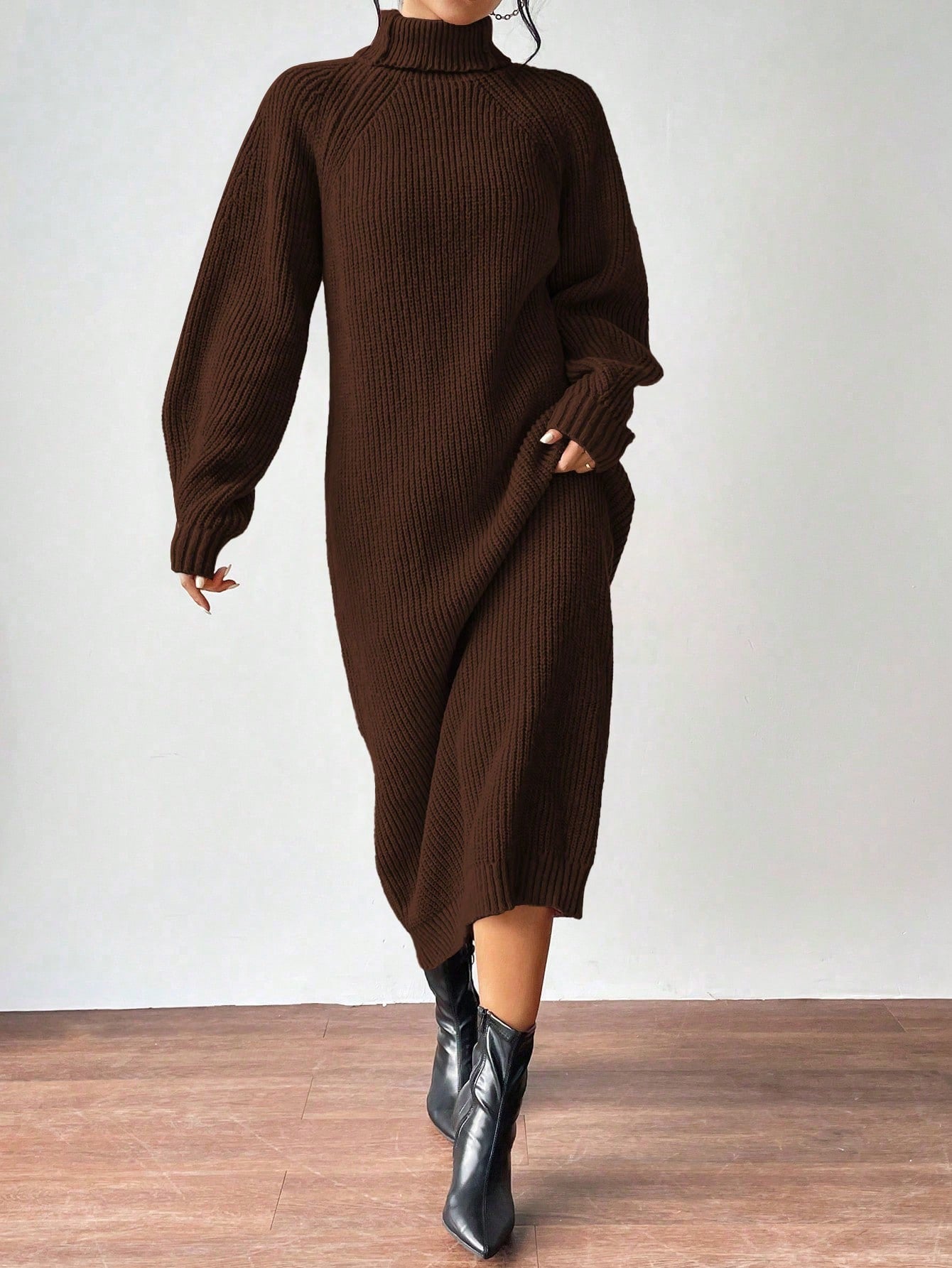 SHEIN Essnce Casual Daily Solid High Neck Loose Raglan Sleeve Sweater Dress