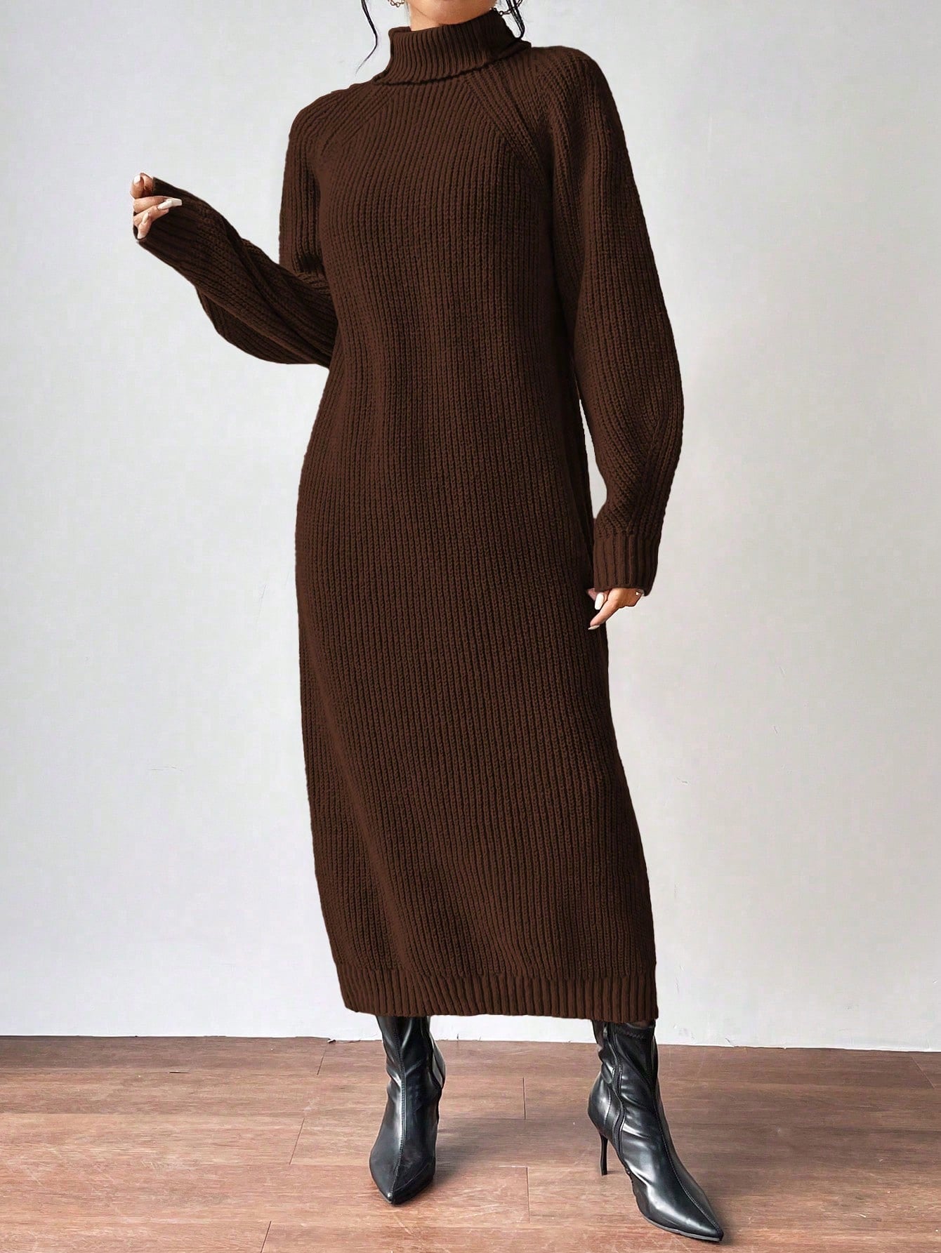 SHEIN Essnce Casual Daily Solid High Neck Loose Raglan Sleeve Sweater Dress