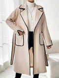 SHEIN Essnce Colorblock Edging Belted Woolen Coat With Double Pockets