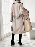 SHEIN Essnce Colorblock Edging Belted Woolen Coat With Double Pockets