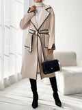 SHEIN Essnce Colorblock Edging Belted Woolen Coat With Double Pockets