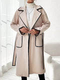 SHEIN Essnce Colorblock Edging Belted Woolen Coat With Double Pockets