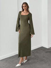 SHEIN Essnce Square Neck Trumpet Sleeve Lettuce Trim Bodycon Dress