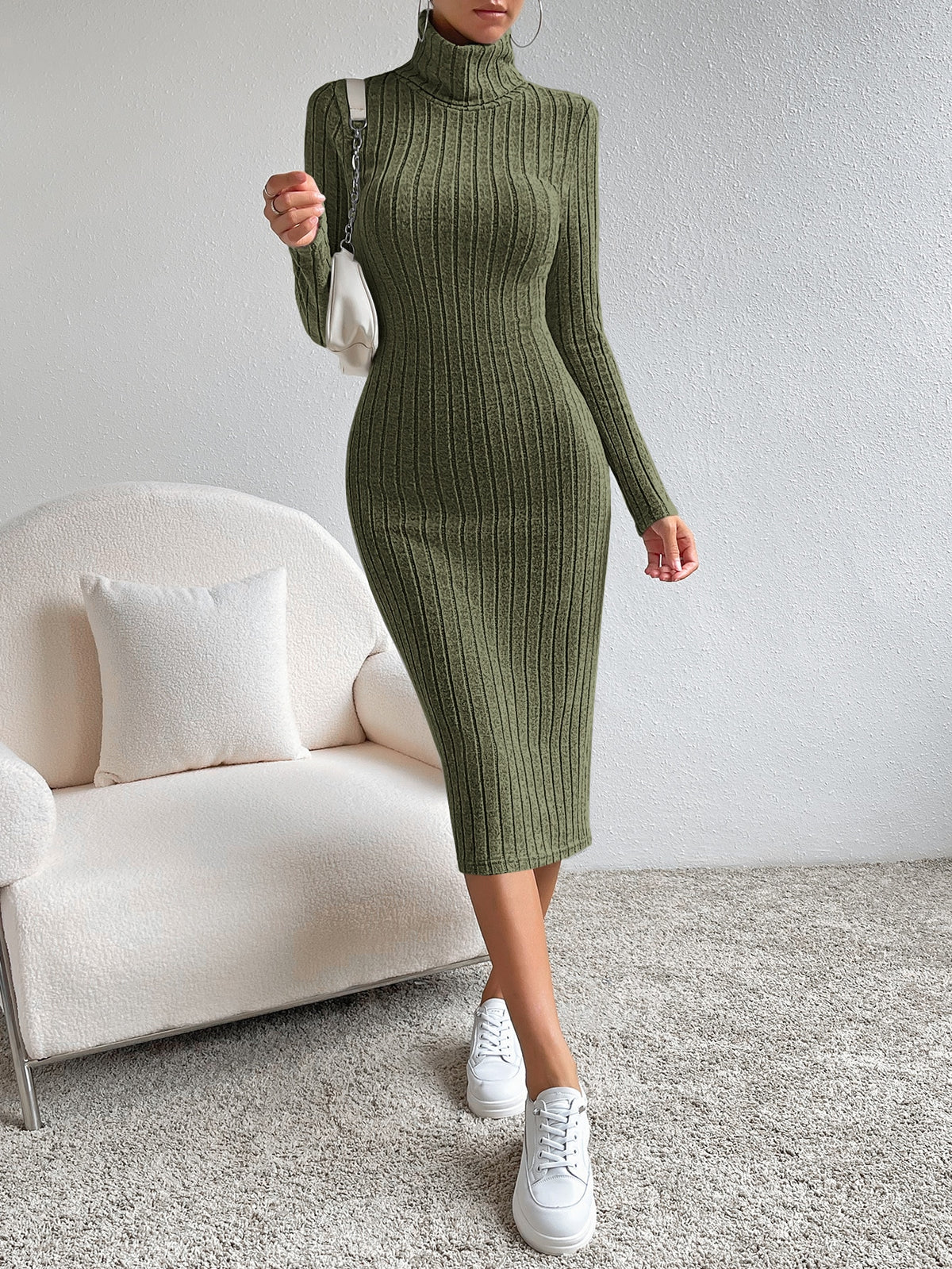 Turtleneck Ribbed Knit Bodycon Dress