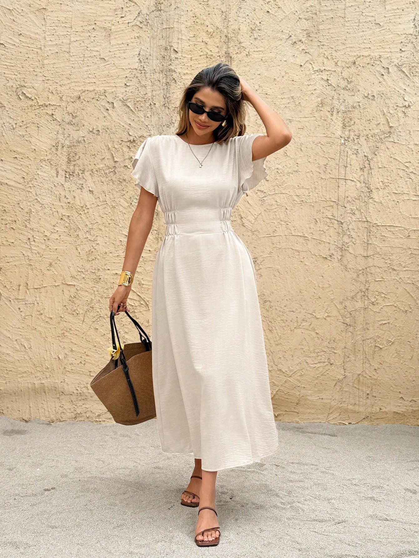 SHEIN Frenchy Ladies Summer Solid Color Round Neck Lotus Leaf Short Sleeve Casual Midi Dress