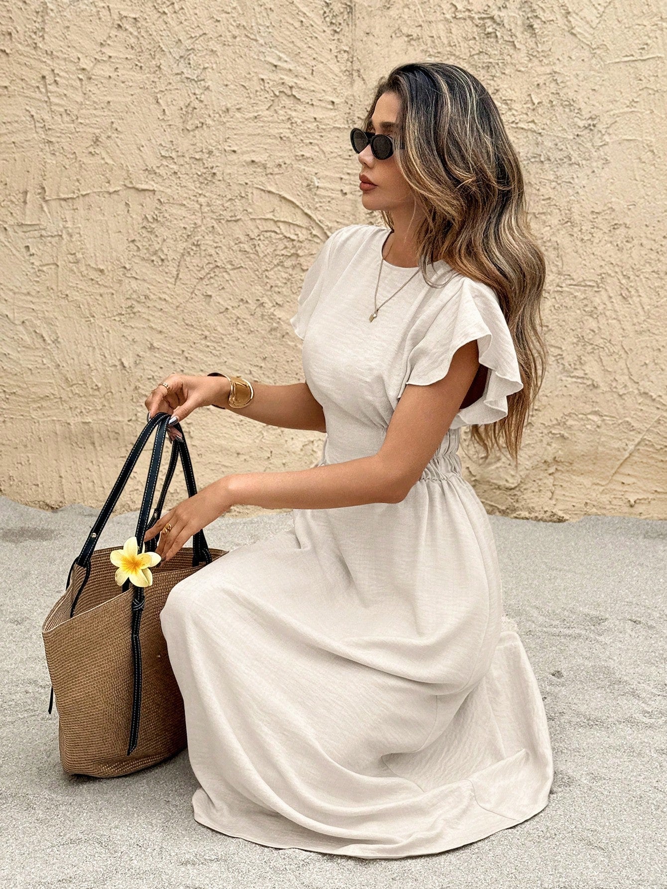 SHEIN Frenchy Ladies Summer Solid Color Round Neck Lotus Leaf Short Sleeve Casual Midi Dress