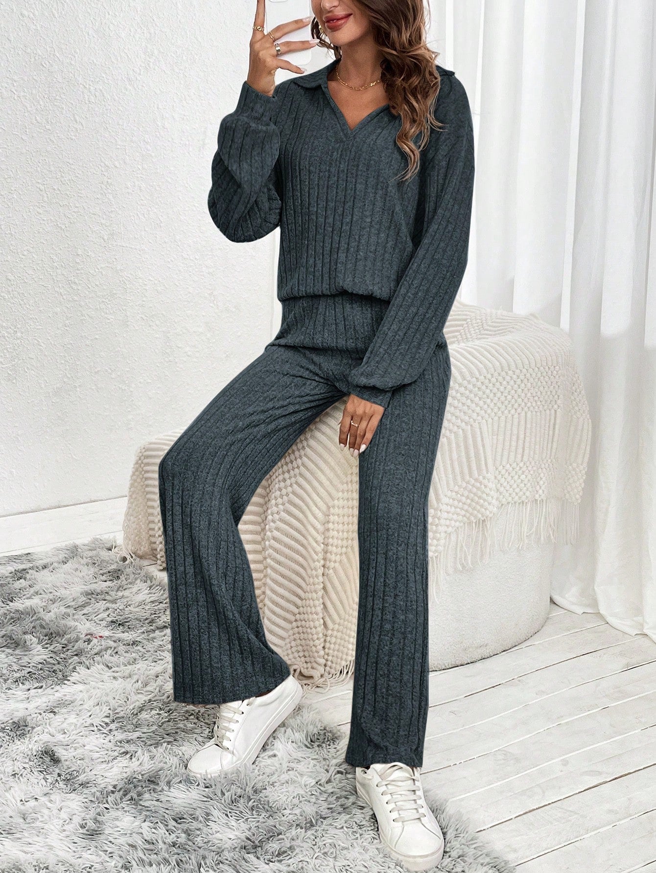 SHEIN LUNE 2pcs Women Winter New Apricot Basic Warm Homewear Set