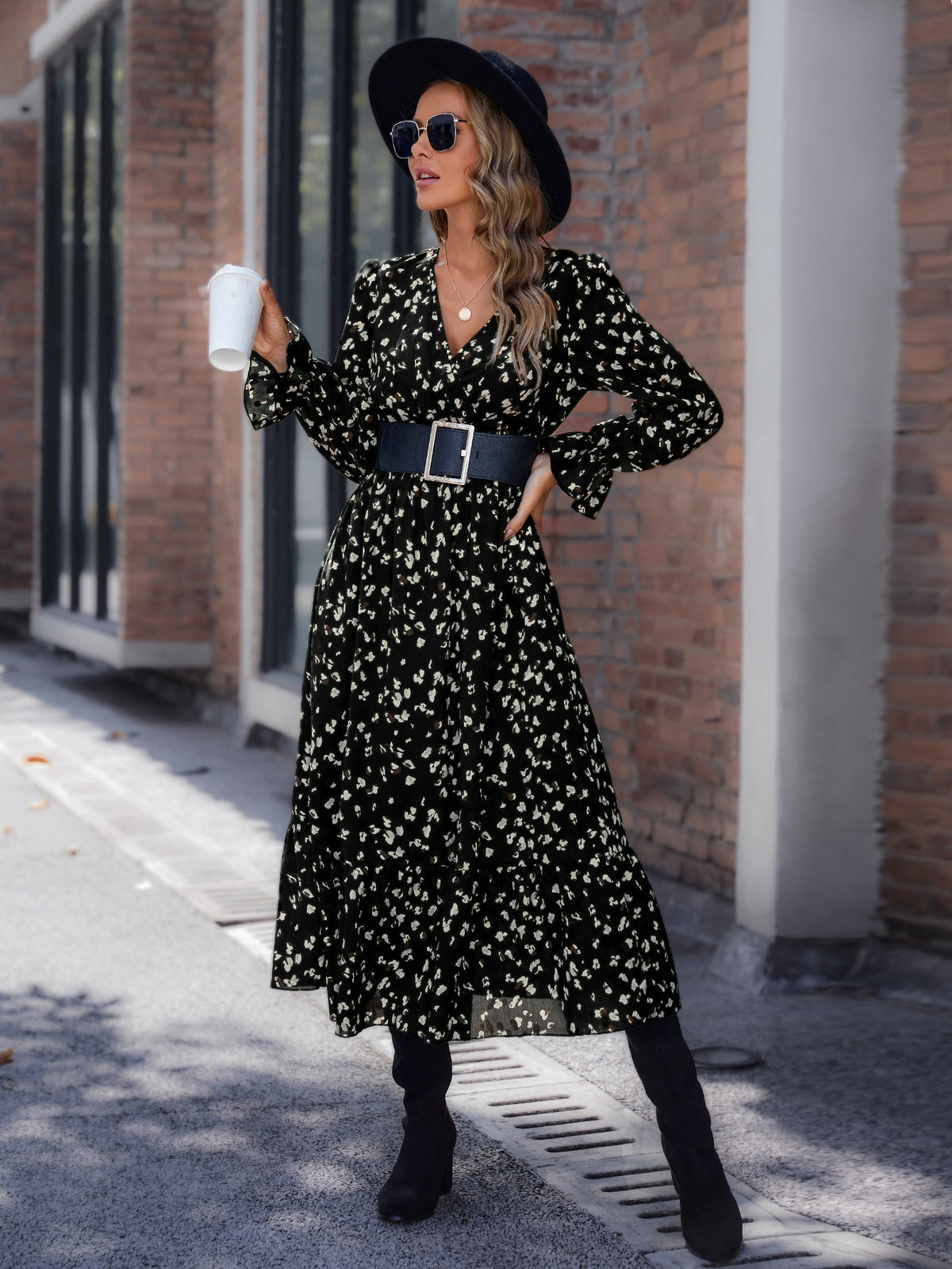 SHEIN LUNE Allover Print Flounce Sleeve Ruffle Hem Dress Without Belt