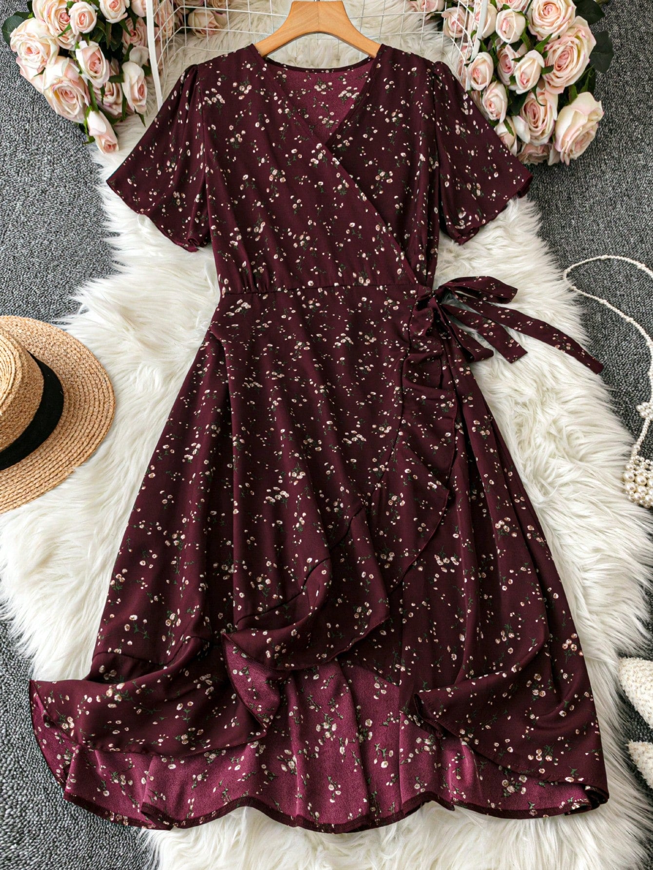 SHEIN LUNE Cross-Wrap Thigh High Slit Cinched Floral Dress