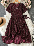 SHEIN LUNE Cross-Wrap Thigh High Slit Cinched Floral Dress