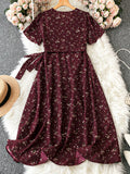 SHEIN LUNE Cross-Wrap Thigh High Slit Cinched Floral Dress