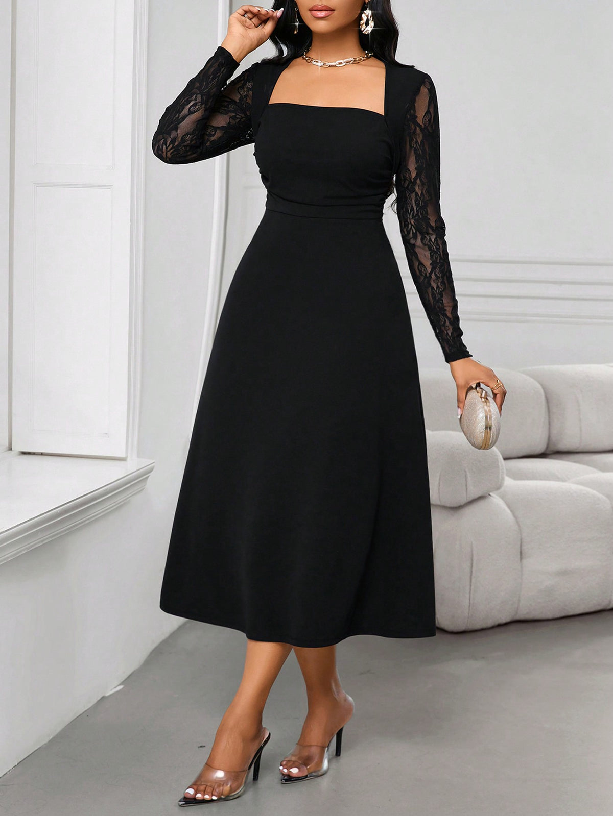 SHEIN Lady Lace Stitching Princess Neck Women's Dress