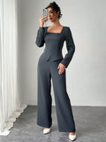 SHEIN Lunessa Women Regular Fit Gray Minimalist Button-Up Shirt & Wide Leg Pants 2 Piece Set