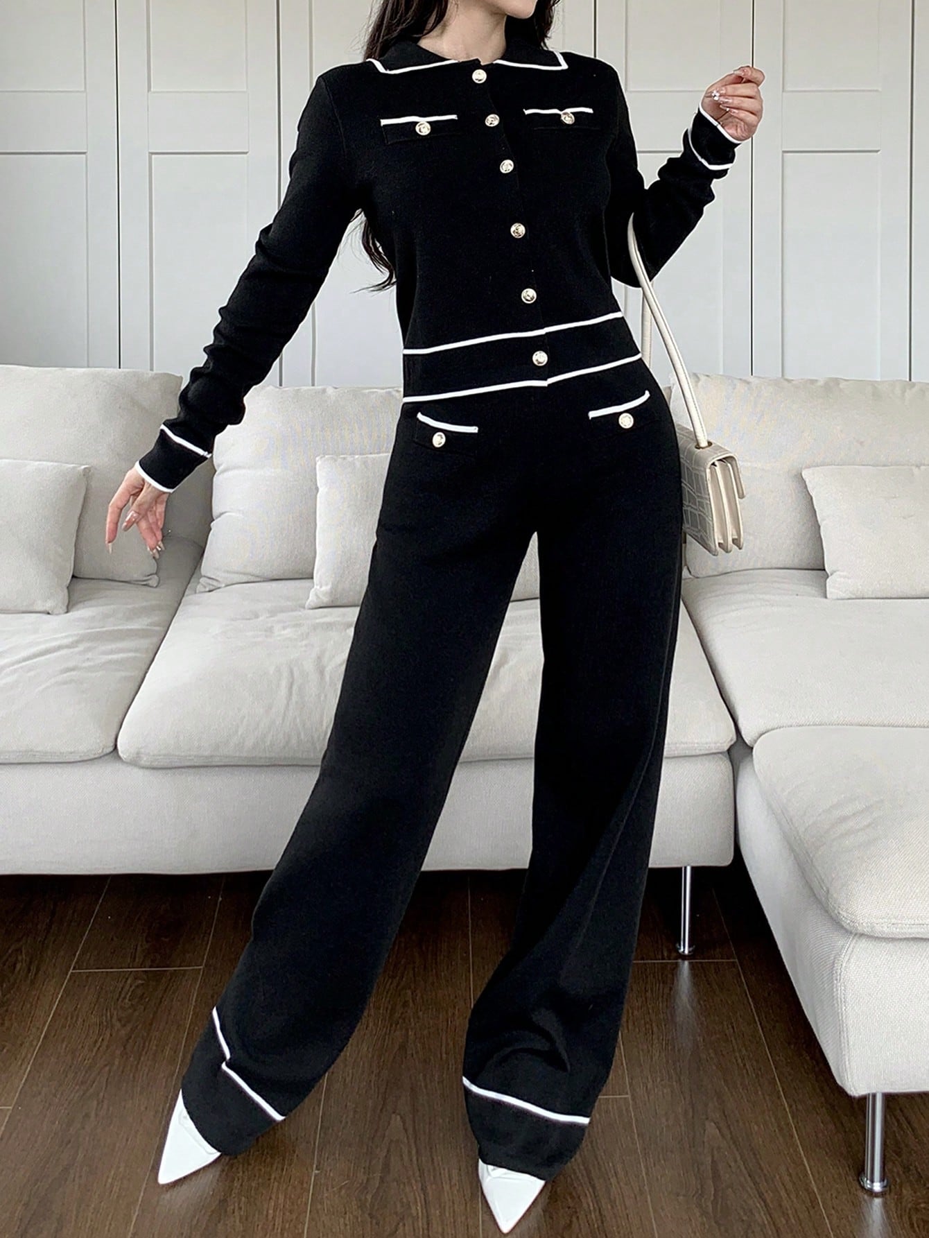 SHEIN Modely 2pcs Women Contrast Color Block Button Front Pocket Long Sleeve Top And Pants Set