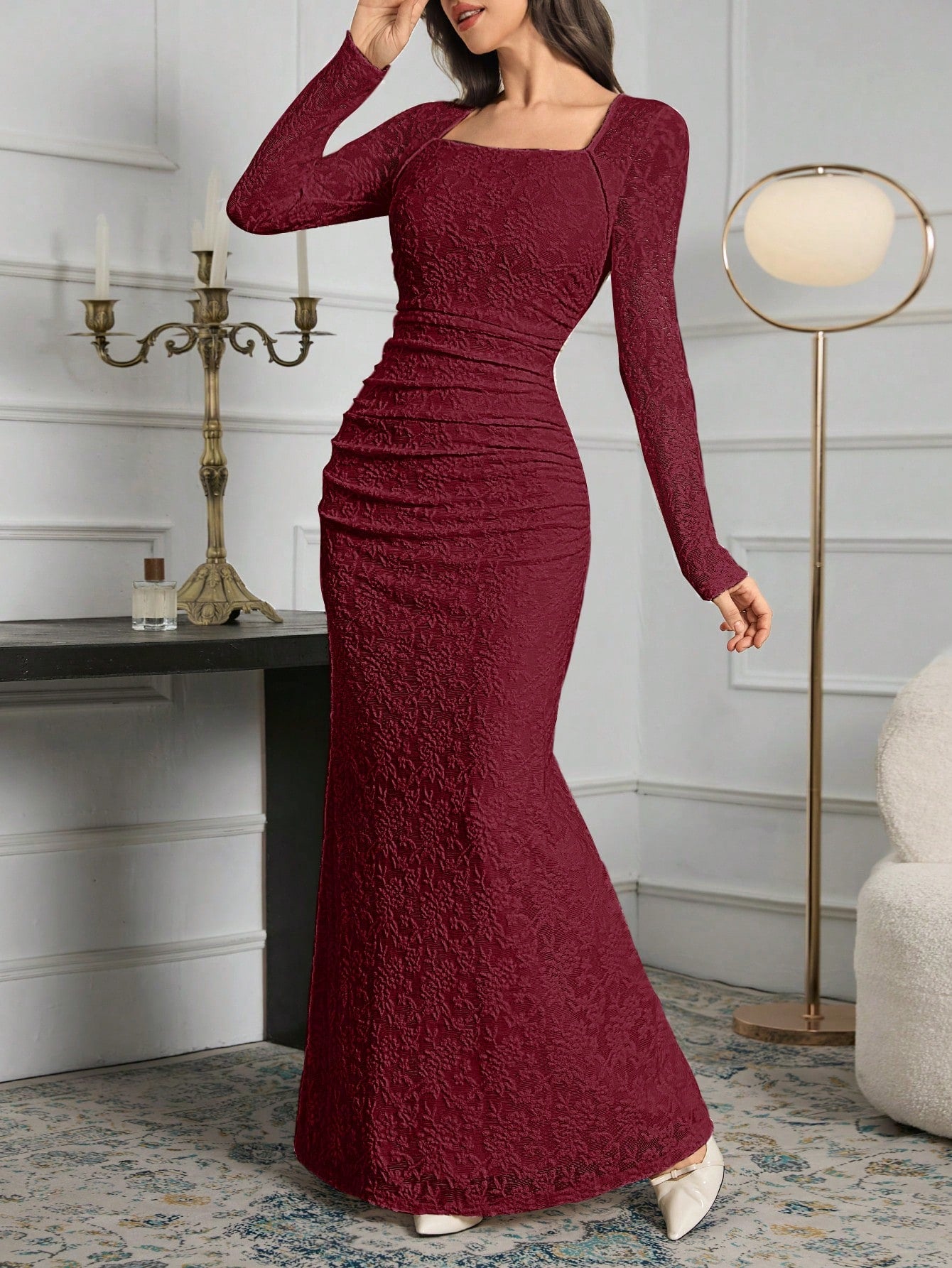 SHEIN Modely Elegant White Lace Slim Fit Long Dress