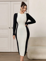 Women Colorblock Crew Neck Long Sleeve Bodycon Sweater Dress