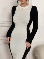 Women Colorblock Crew Neck Long Sleeve Bodycon Sweater Dress