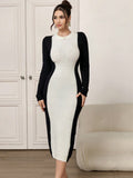SHEIN Modely Women Colorblock Crew Neck Long Sleeve Bodycon Sweater Dress