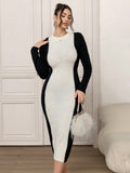 SHEIN Modely Women Colorblock Crew Neck Long Sleeve Bodycon Sweater Dress