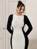 SHEIN Modely Women Colorblock Crew Neck Long Sleeve Bodycon Sweater Dress