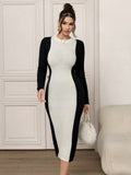 SHEIN Modely Women Colorblock Crew Neck Long Sleeve Bodycon Sweater Dress