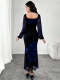 SHEIN Modely Women Mesh Print Long Sleeve Fishtail Bodycon Elegant Sexy Dress