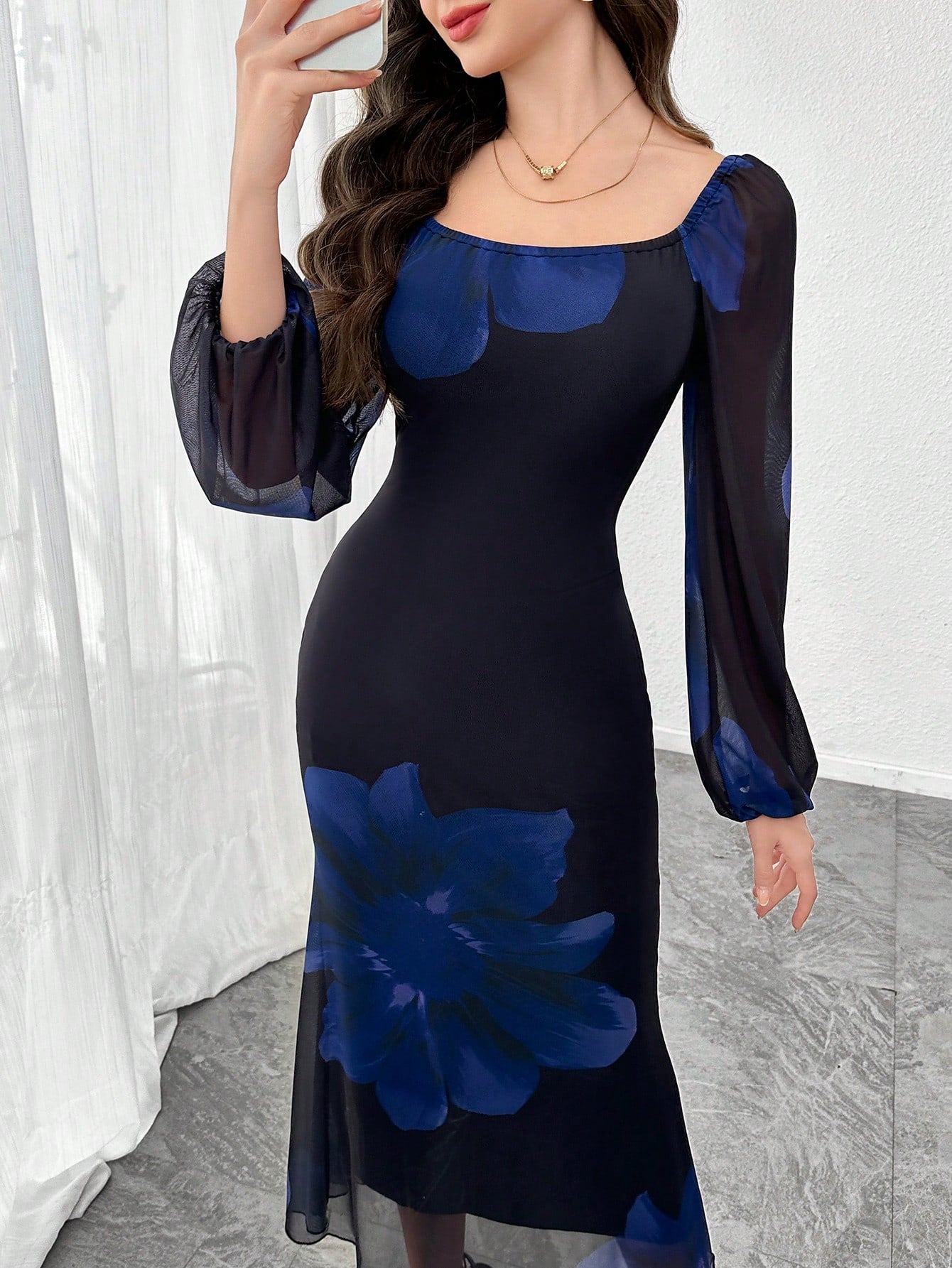 SHEIN Modely Women Mesh Print Long Sleeve Fishtail Bodycon Elegant Sexy Dress