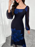 SHEIN Modely Women Mesh Print Long Sleeve Fishtail Bodycon Elegant Sexy Dress
