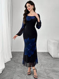 SHEIN Modely Women Mesh Print Long Sleeve Fishtail Bodycon Elegant Sexy Dress