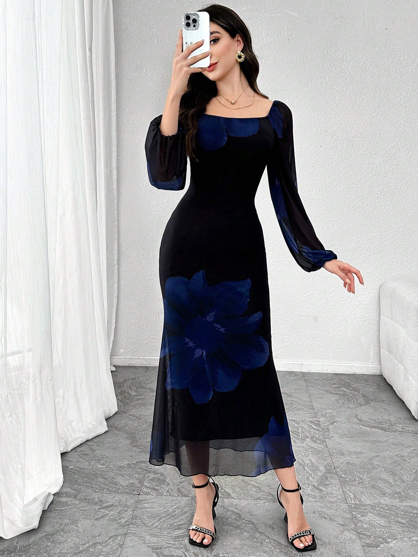 SHEIN Modely Women Mesh Print Long Sleeve Fishtail Bodycon Elegant Sexy Dress