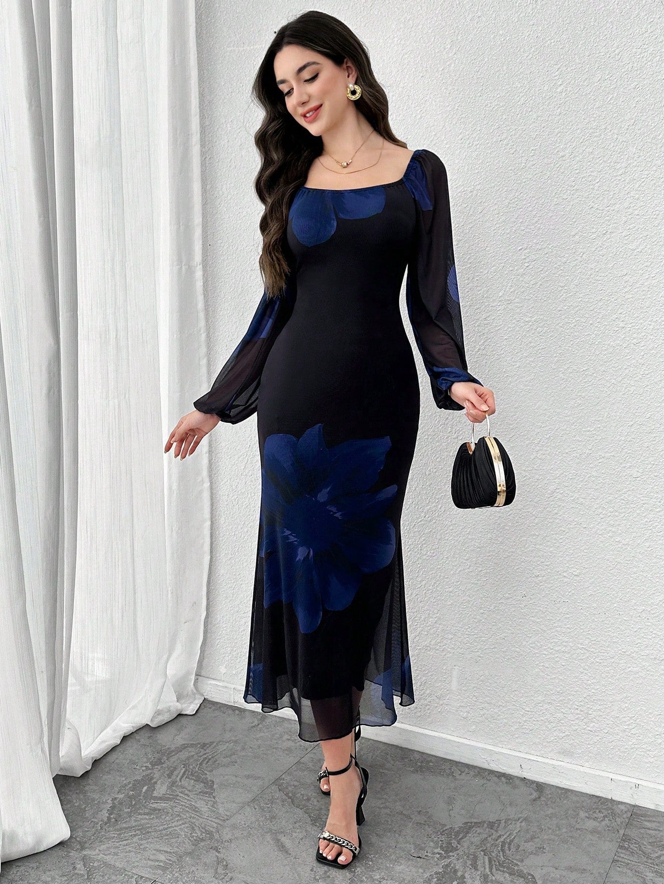SHEIN Modely Women Mesh Print Long Sleeve Fishtail Bodycon Elegant Sexy Dress
