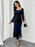 SHEIN Modely Women Mesh Print Long Sleeve Fishtail Bodycon Elegant Sexy Dress