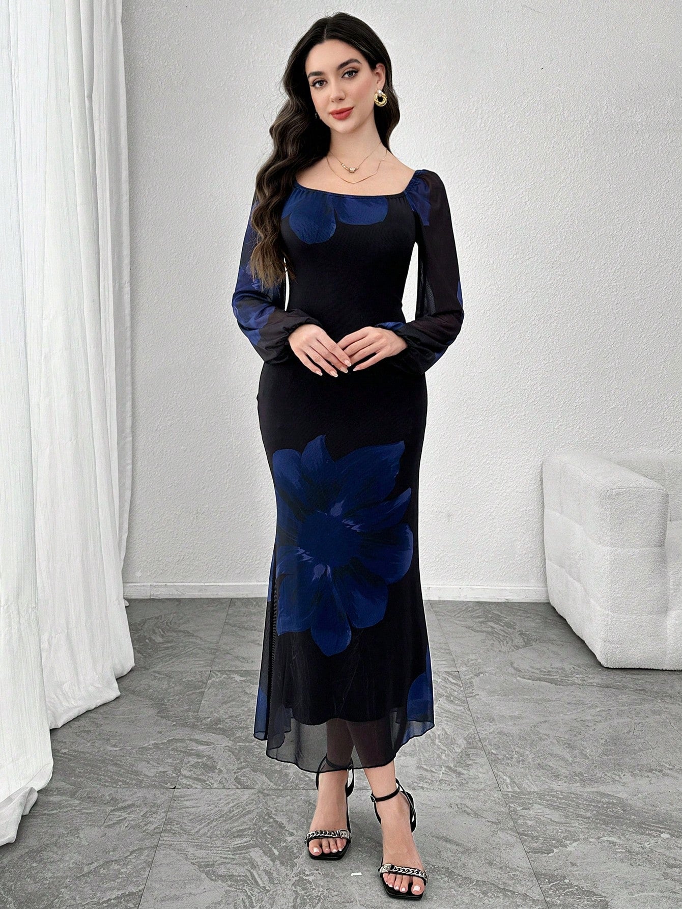 SHEIN Modely Women Mesh Print Long Sleeve Fishtail Bodycon Elegant Sexy Dress
