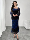 SHEIN Modely Women Mesh Print Long Sleeve Fishtail Bodycon Elegant Sexy Dress
