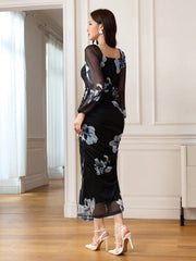 SHEIN Modely Women's Floral Print Elegant Square Neck Tie Waist Midi Dress