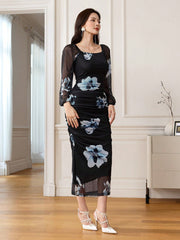 SHEIN Modely Women's Floral Print Elegant Square Neck Tie Waist Midi Dress
