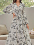 SHEIN Modely Women's Floral Printed Lantern Sleeve Dress