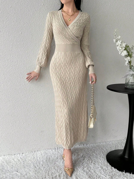 SHEIN Modely Women s Solid Color V Neck Wrap Around Long Sleeve Sweater Dress