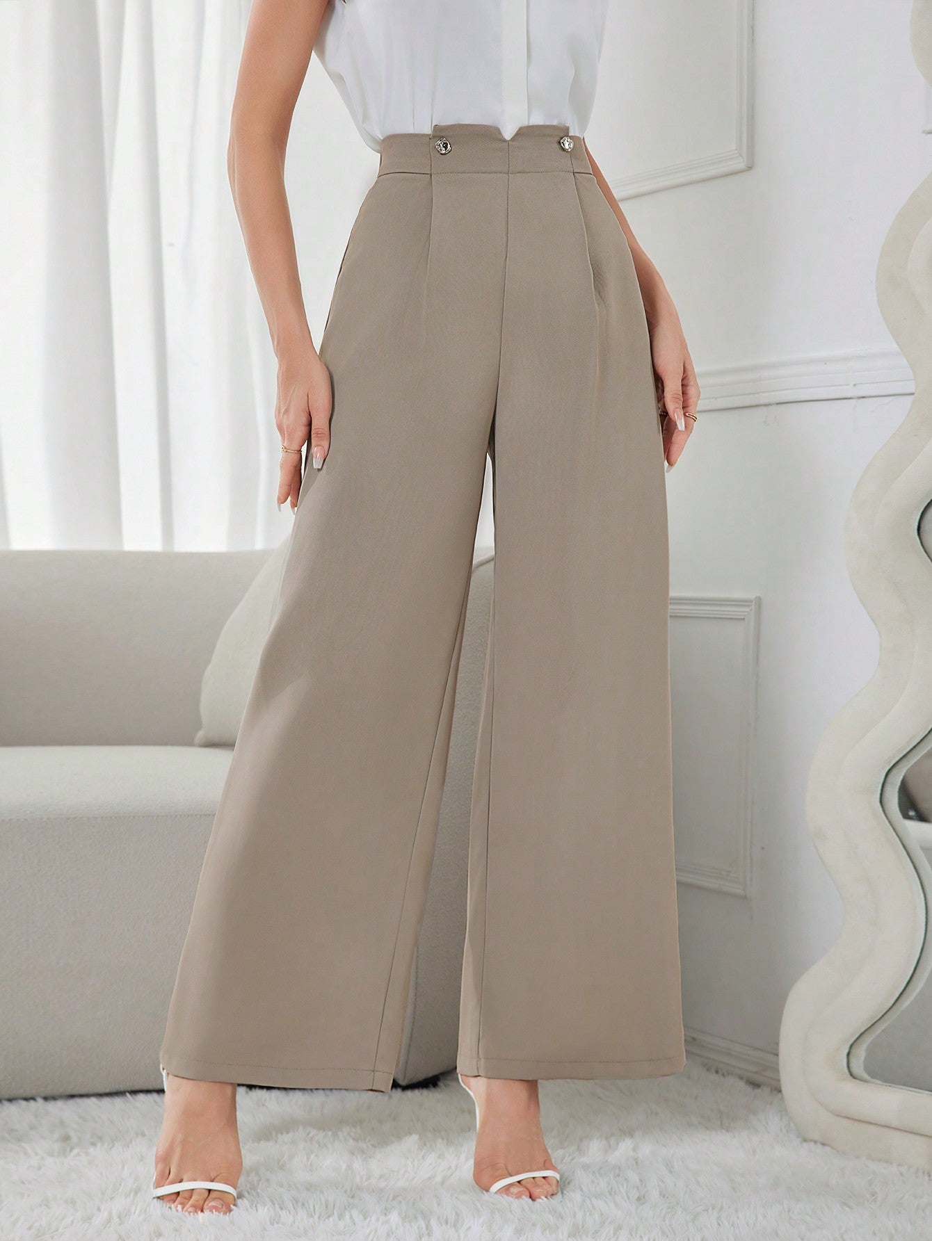 SHEIN Modely Women's Solid Color Wide Leg Pants With Pockets