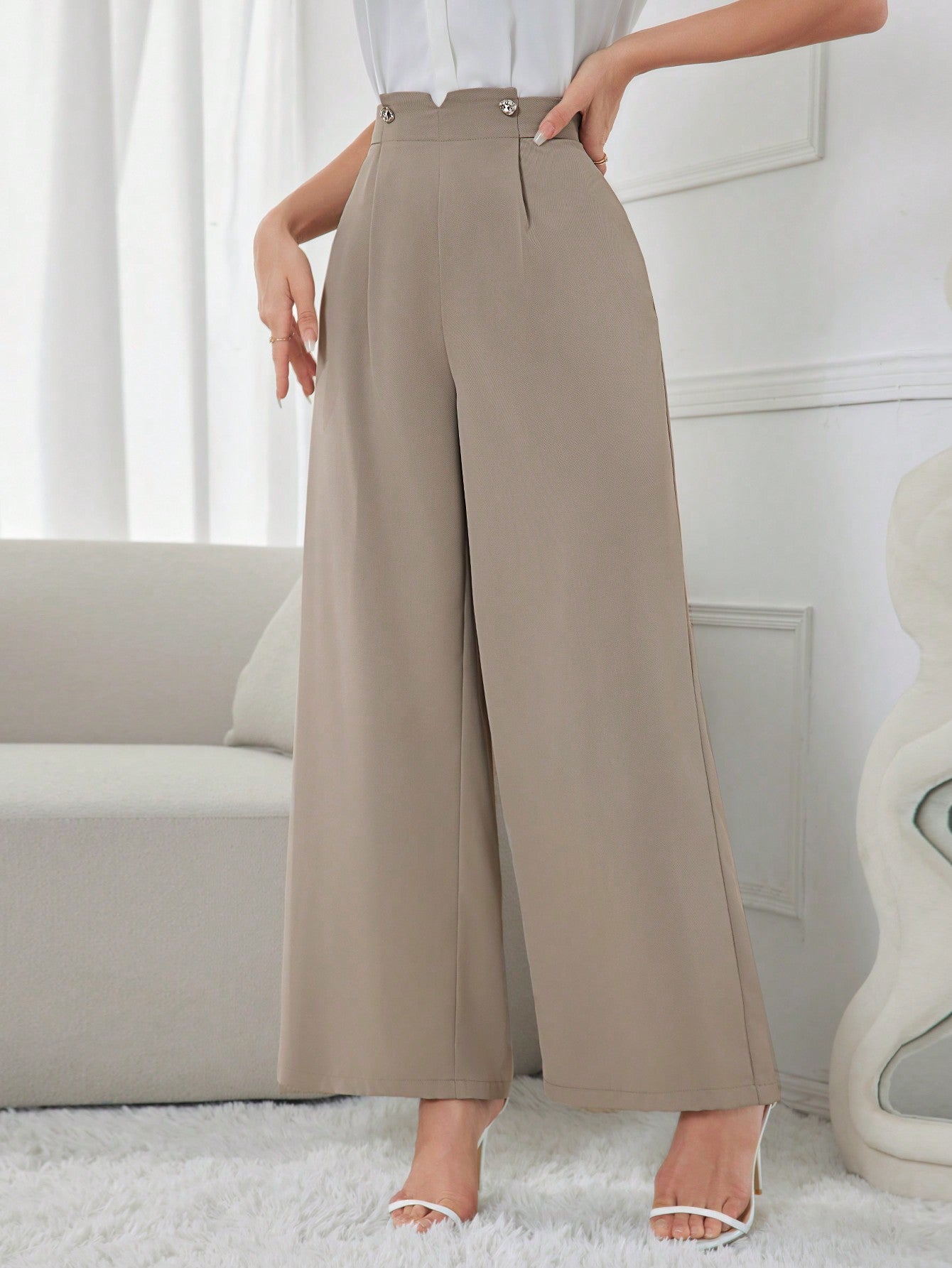 SHEIN Modely Women's Solid Color Wide Leg Pants With Pockets