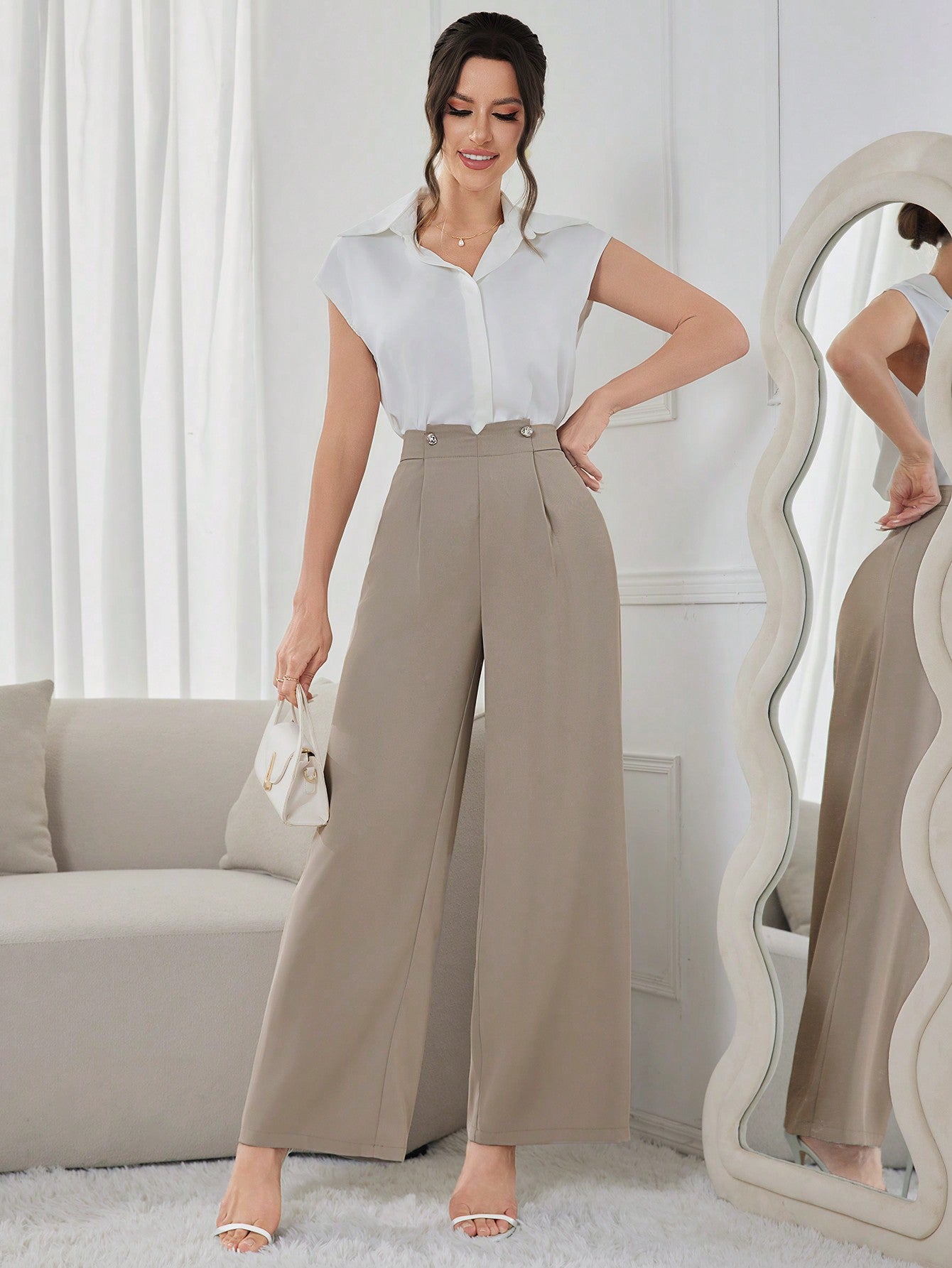 SHEIN Modely Women's Solid Color Wide Leg Pants With Pockets