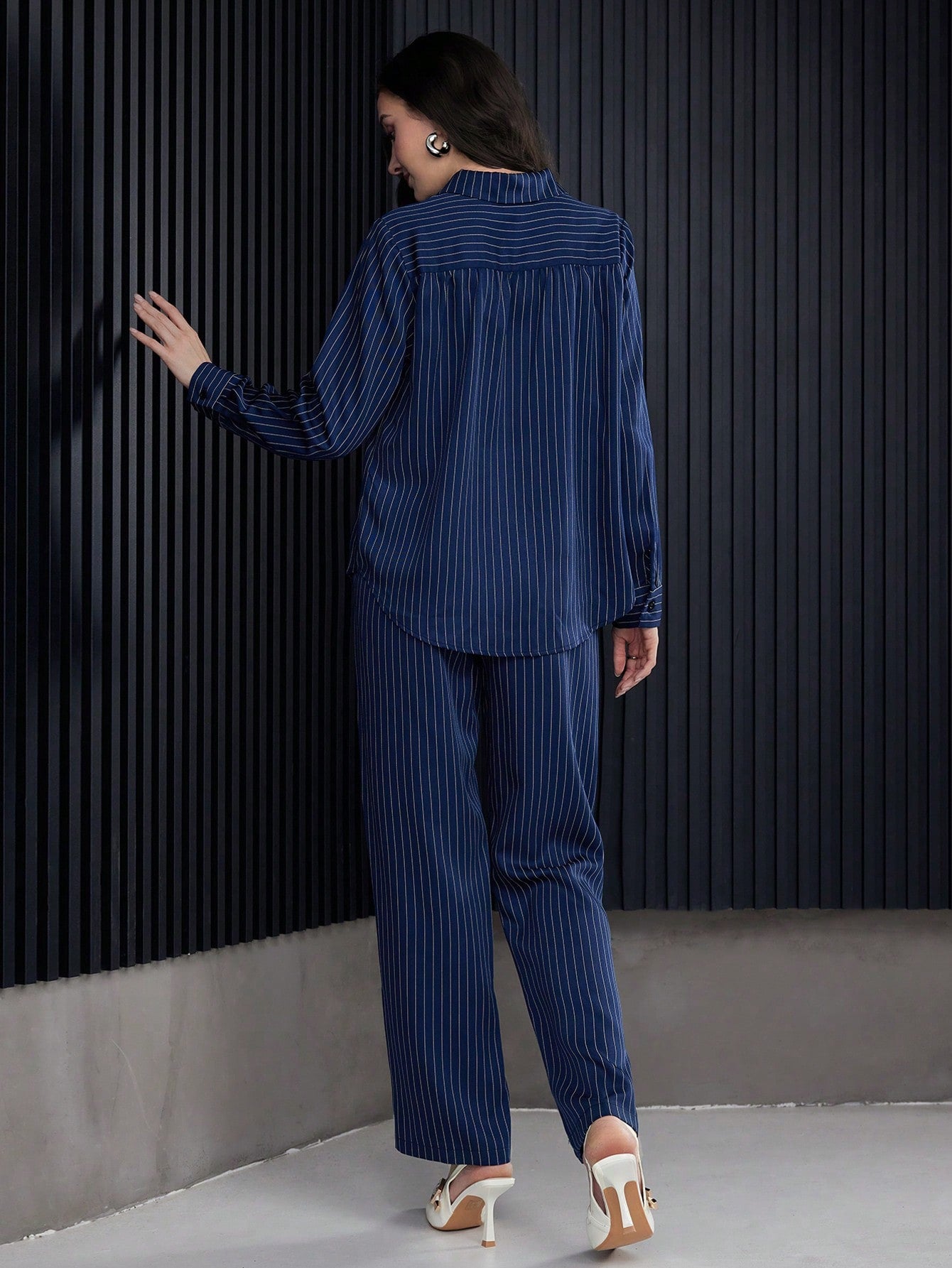 SHEIN 2 pc Mulvari Women Stripe Casual Shirt And Straight Leg Pants
