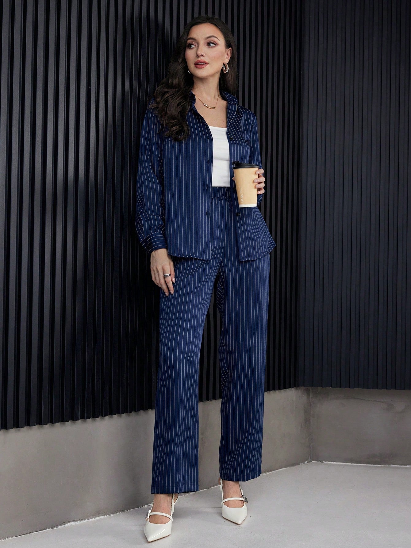 SHEIN 2 pc Mulvari Women Stripe Casual Shirt And Straight Leg Pants
