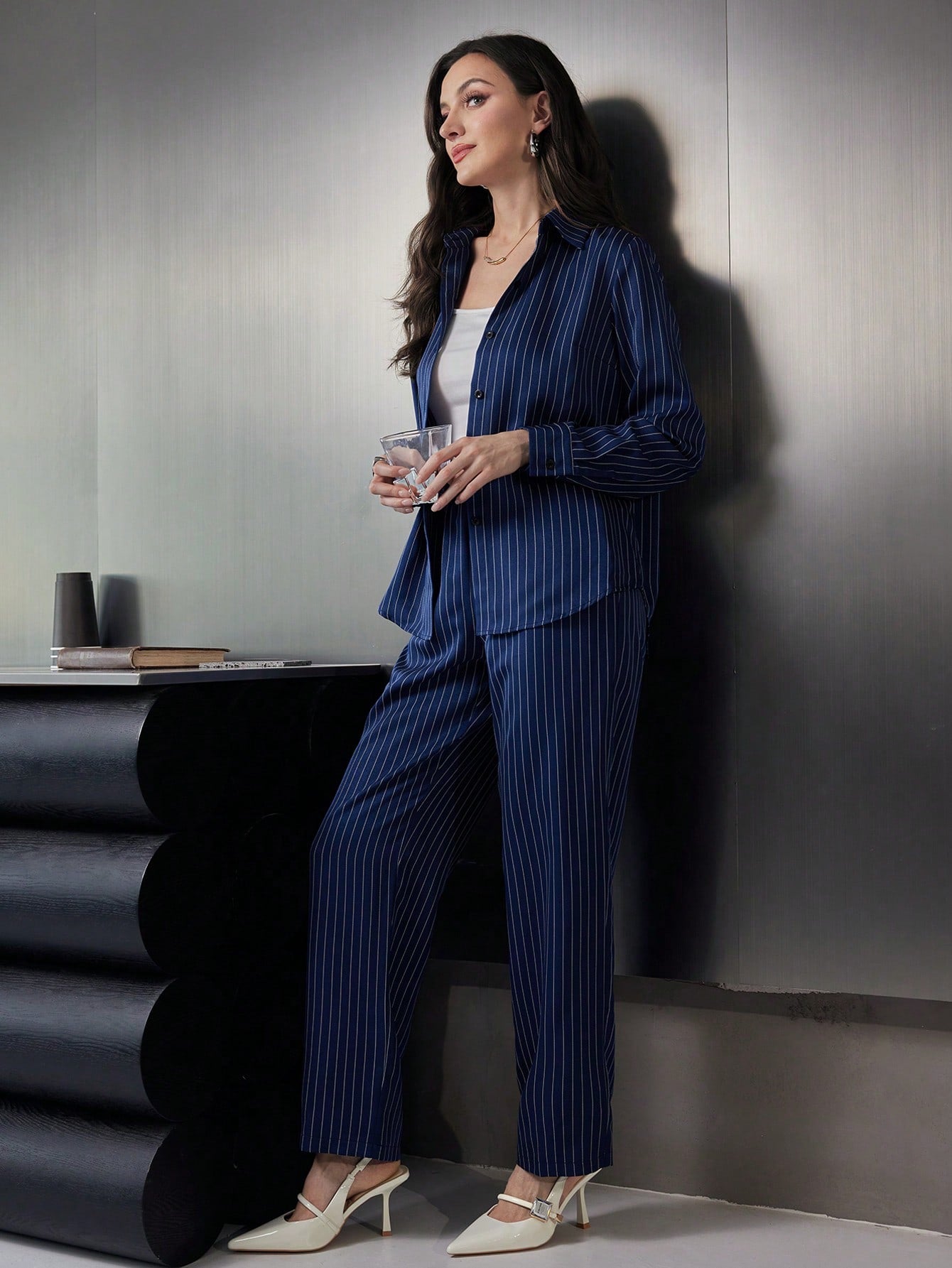 SHEIN 2 pc Mulvari Women Stripe Casual Shirt And Straight Leg Pants