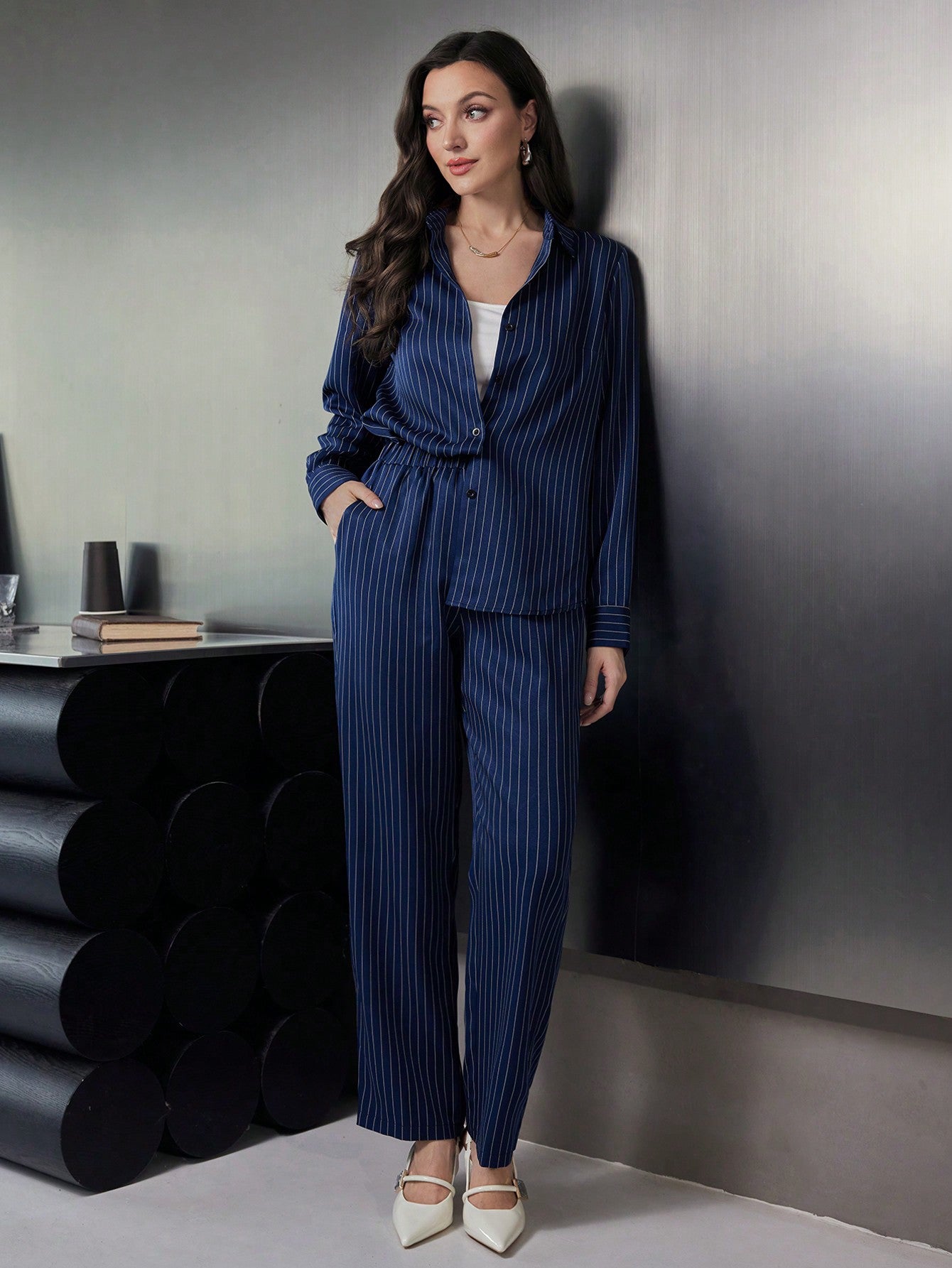 SHEIN 2 pc Mulvari Women Stripe Casual Shirt And Straight Leg Pants
