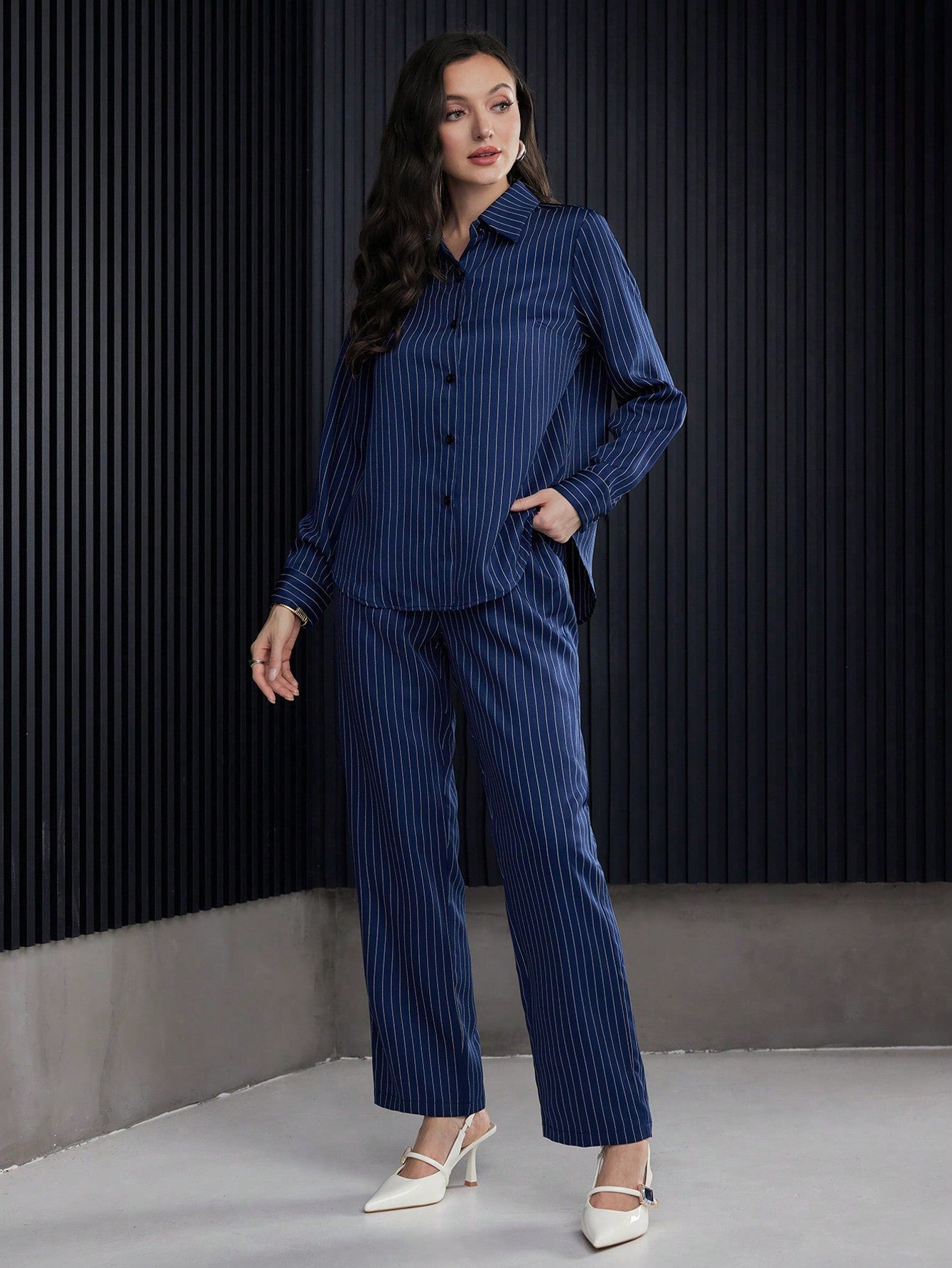 SHEIN 2 pc Mulvari Women Stripe Casual Shirt And Straight Leg Pants
